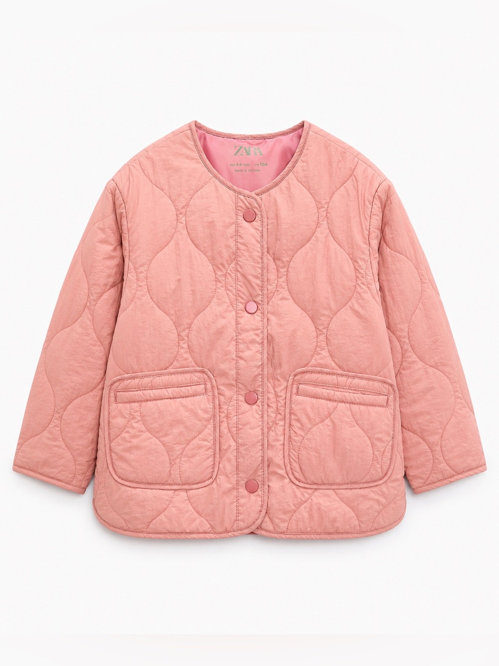 Zara Kids Quilted Padded Jacket Dusty Pink Snap Front Coat Size 3–4 Years 104cm